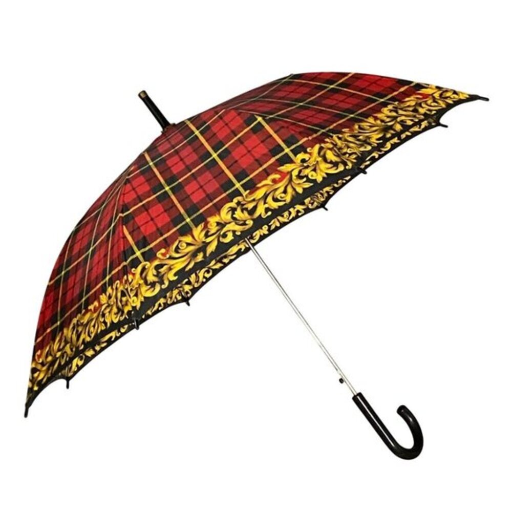 Vintage Tartan Plaid Umbrella Red & Black Check with Gold Baroque Border
